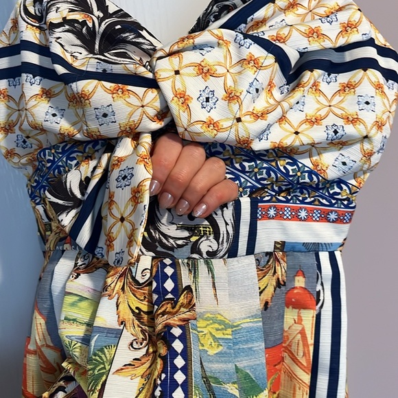 NWT ASOS Linen Bow Detail Cut Out Skater Dress in Postcard Print size 2 - Picture 7 of 13